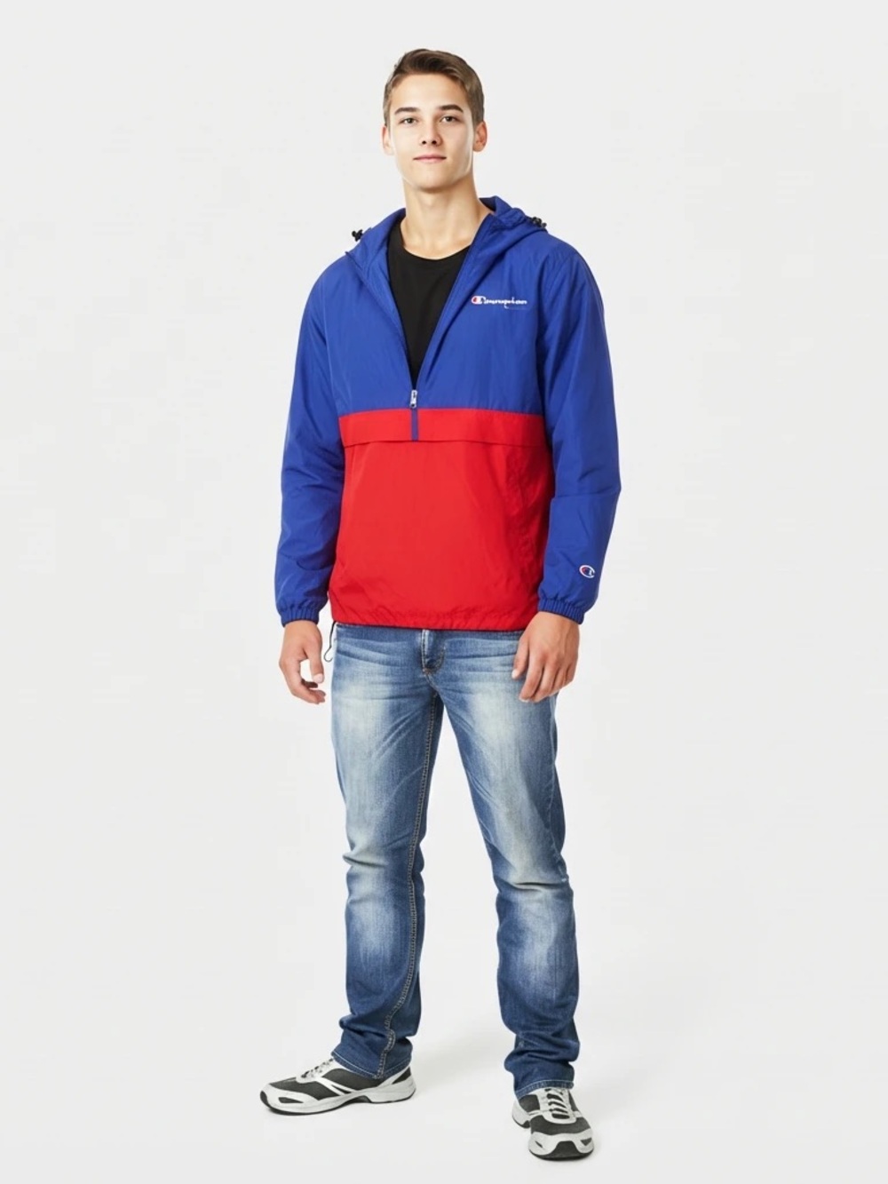 Champion Men’s Blue & Red Half-Zip Hooded Windbreaker Jacket – Size Small